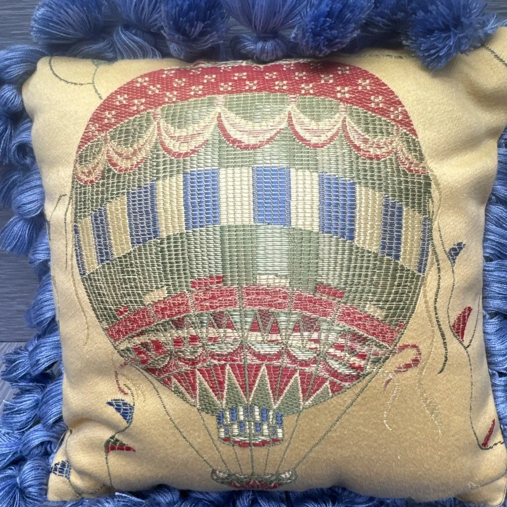Embroidered‎ Decorative Throw Pillow Whimsical Hot Air Balloon Tassel Fringe